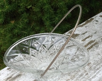 Vintage Pressed Glass Basket with Metal Handle