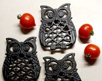 Cast Iron Owls, set of 3, Wall Decor, Trivet, Vintage