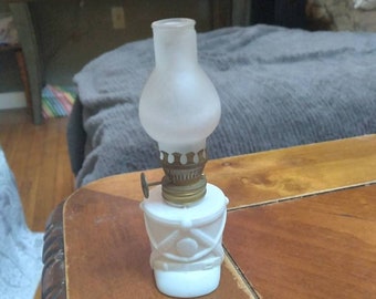 Vintage Milk Glass Mini Oil Lamp, Soldiers Hat. Unusual