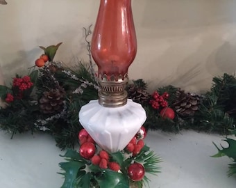 Vintage Christmas Decorative Mini Oil Lamp, Milk Glass Base, 1960's, Mercury Glass Beads, Hong Kong #1