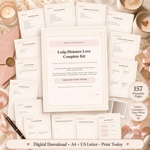 Könnte beinhalten: Ein druckbares Komplettset für Fernbeziehungen mit mehreren Seiten mit Aufforderungen für Verbindung und Erinnerungsstücke. Die mittlere Seite zeigt den Titel Long-Distance Love Complete Kit mit Text über ein Beziehungsset.