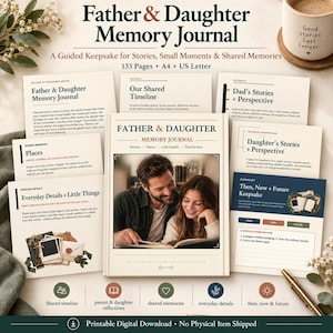 Könnte beinhalten: Ein druckbares Father & Daughter Memory Journal Set mit einem Cover-Foto von Vater und Tochter beim Lesen, verschiedenen Seitenlayouts mit Texten wie Our Shared Timeline und Dad's Stories sowie Symbolen für gemeinsame Erinnerungen.