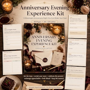 Puede incluir: Un kit de experiencia para una velada de aniversario que incluye una guía de 80 páginas, formatos A4 y US Letter, y hojas imprimibles. El kit contiene plantillas para recuerdos de aniversario, tarjetas de agradecimiento y páginas de planificación.