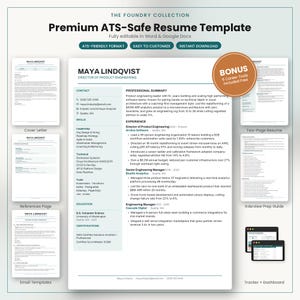 May include: A digital resume template set titled The Foundry Collection, featuring a main CV document for Maya Lindqvist, a cover letter, references page, email templates, a two-page CV, an interview prep guide, and a tracker dashboard.