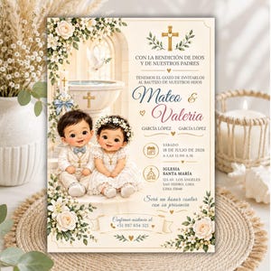 May include: A baptism invitation card featuring an illustration of two infants, Mateo and Valeria, in front of a stone font with a dove. The text includes event details, date, time, and location in Spanish, surrounded by white floral accents.