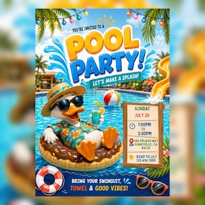 Puede incluir: Un folleto de invitación a una fiesta en la piscina con un pato de dibujos animados con sombrero de paja y gafas de sol, flotando en un flotador de donut. El texto dice: POOL PARTY! LET'S MAKE A SPLASH! SUNDAY JULY 20 1:00PM TO 3:00PM 456 SPLASH WAY.