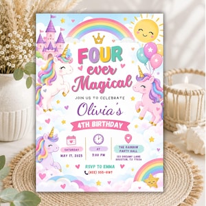 Pode incluir: Um convite de aniversário retangular com fundo branco, três unicórnios, um castelo roxo, arco-íris, um sol sorridente e balões. O texto diz Four ever Magical, Olivia's 4th Birthday, Saturday May 17, 2025, at 3:00 PM, The Rainbow Party Hall, 123 Dreamy Lane, Houston, TX 77036, e RSVP to Emma (832) 555-0187.