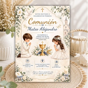 May include: A rectangular invitation card for a First Communion featuring a boy and girl kneeling in prayer, a golden chalice, and floral illustrations. Text includes "ESTÁS INVITADO A CELEBRAR MI PRIMERA COMUNIÓN DE MATEO ALEJANDRO" and event details.