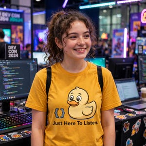 May include: A mustard yellow t-shirt featuring a graphic of a yellow rubber duck with an orange beak. To the left of the duck are blue curly brackets, and below the graphic is the black text "Just Here To Listen." The shirt has a crew neckline.