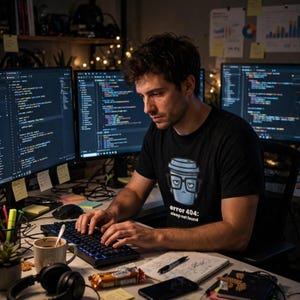May include: A black short-sleeved t-shirt featuring a graphic of a coffee cup wearing glasses with the text error 404: sleep not found. The shirt is worn by a person typing on a computer keyboard in front of multiple monitors displaying code.