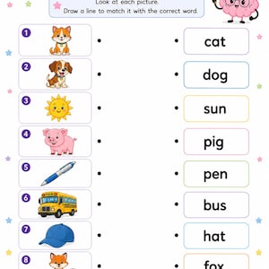 May include: A CVC Match educational worksheet page titled CVC MATCH featuring eight numbered rows. Each row contains a colorful illustration of a cat, dog, sun, pig, pen, bus, hat, or fox, with corresponding words to match on the right side.