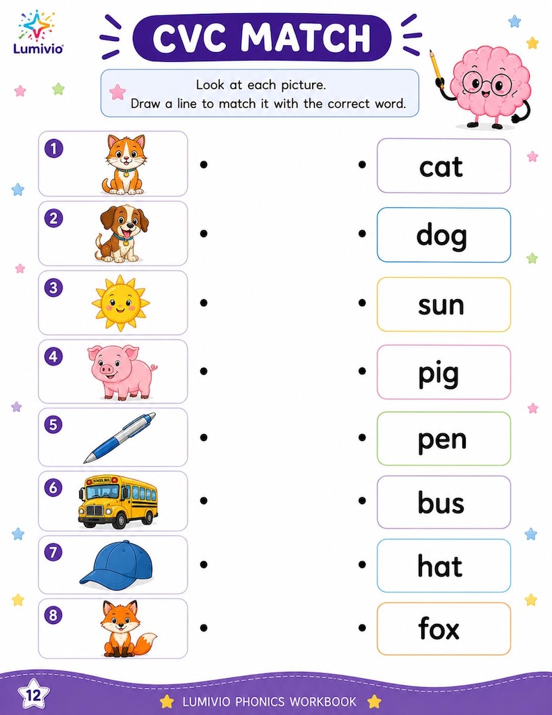 May include: A CVC Match educational worksheet page titled CVC MATCH featuring eight numbered rows. Each row contains a colorful illustration of a cat, dog, sun, pig, pen, bus, hat, or fox, with corresponding words to match on the right side.
