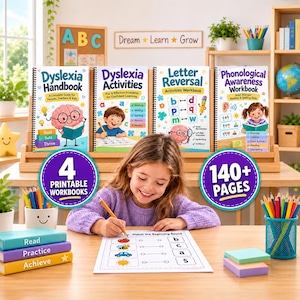 Paquete de apoyo para la dislexia / 4 cuadernos de ejercicios / Más de 140 hojas de trabajo / Lectura, fonética, inversión de letras / Material escolar para niños