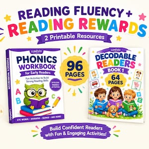 May include: Two educational books titled Phonics Workbook for Early Readers and Decodable Readers Book 1. The covers feature a green owl, three children, and a puppy. Text includes Reading Fluency + Reading Rewards, 96 Pages, and 64 Pages.
