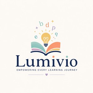 May include: A logo featuring an open book with a yellow lightbulb rising from the center, surrounded by small letters b, d, p, q, and e. Below the graphic, the text reads Lumivio and EMPOWERING EVERY LEARNING JOURNEY, with a small purple heart.