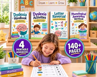 Dyslexia Printables Bundle | 4 Workbooks | 140+ Worksheets | Reading, Phonics, Letter Reversal | School Supplies for Kids