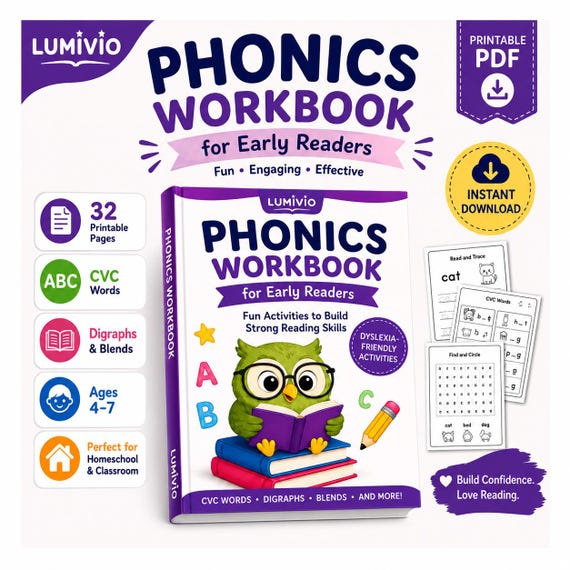 Phonics Workbook for Kindergarten | CVC Words Worksheets | Learn to Read Activities | Printable PDF