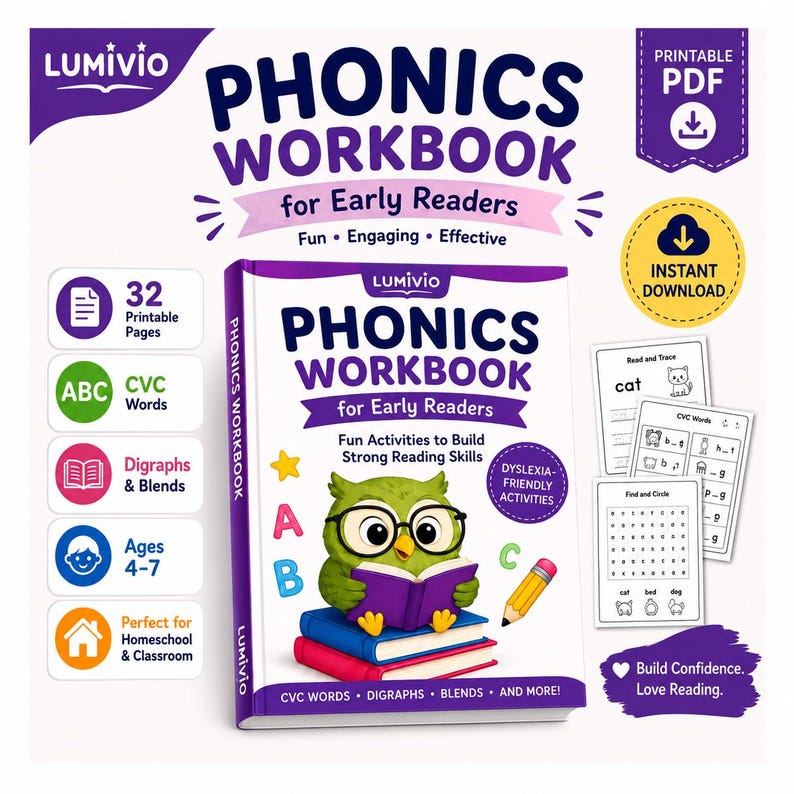 May include: A Phonics Workbook for Early Readers by Lumivio, featuring a green owl wearing glasses and reading a book. The cover includes the text Phonics Workbook for Early Readers, CVC Words, Digraphs, Blends, and Dyslexia-Friendly Activities.