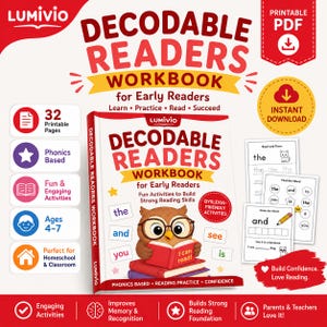 May include: A Decodable Readers Workbook for Early Readers featuring an owl wearing glasses and reading a red book. The cover includes the text 'Decodable Readers Workbook for Early Readers' and 'Dyslexia-Friendly Activities'. Includes 32 printable pages.