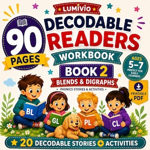 Può includere: Un quaderno di esercizi Lumivio di 90 pagine, libro 2, incentrato su combinazioni di suoni. La copertina mostra quattro bambini che leggono libri etichettati BL, GL, PL e CL, con un cucciolo dorato, stelle colorate e l'età 5-7 anni.