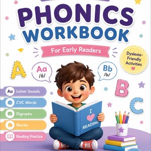 May include: A Lumivio Phonics Workbook for early readers with a cartoon child reading a blue book. The cover features the text "I Love Reading," letter graphics, a pencil cup, stacked books, and a badge stating "Dyslexia-Friendly Activities" for ages 4-7.
