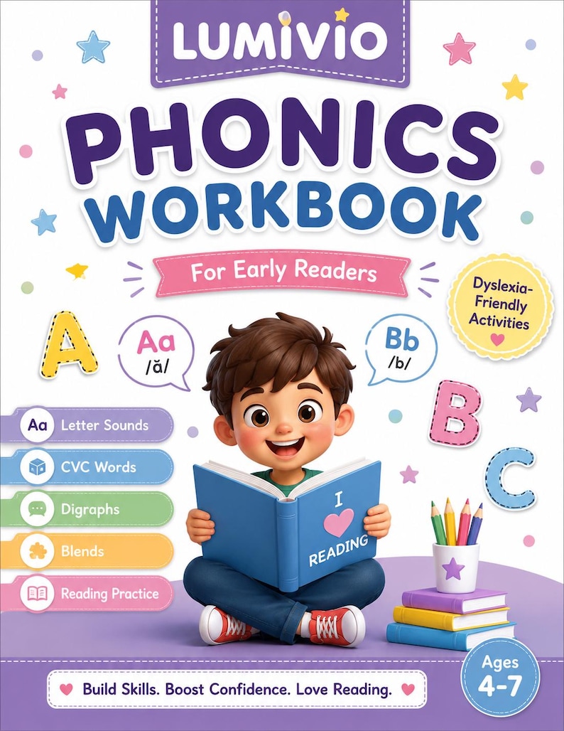 May include: A Lumivio Phonics Workbook for early readers with a cartoon child reading a blue book. The cover features the text "I Love Reading," letter graphics, a pencil cup, stacked books, and a badge stating "Dyslexia-Friendly Activities" for ages 4-7.