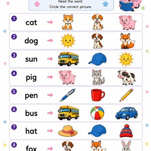May include: A Lumivio phonics workbook page titled READ & CIRCLE featuring eight numbered rows. Each row contains a word followed by three colorful illustrations of animals, objects, or vehicles. A cartoon brain character reading a book is at the top.