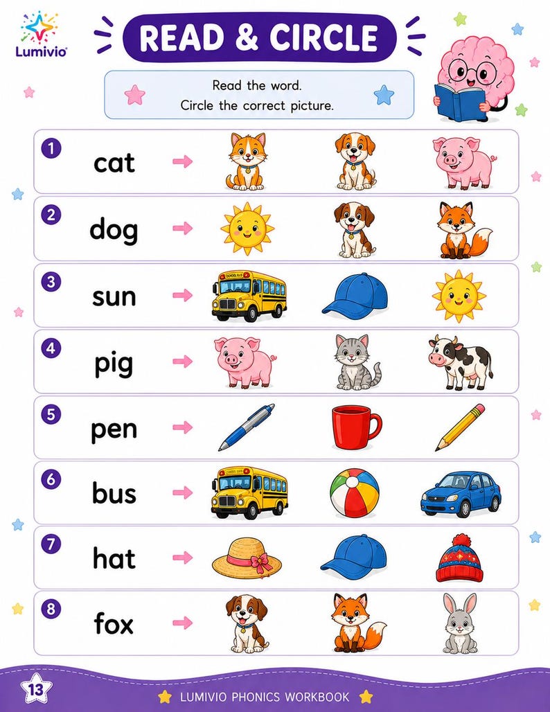 May include: A Lumivio phonics workbook page titled READ & CIRCLE featuring eight numbered rows. Each row contains a word followed by three colorful illustrations of animals, objects, or vehicles. A cartoon brain character reading a book is at the top.