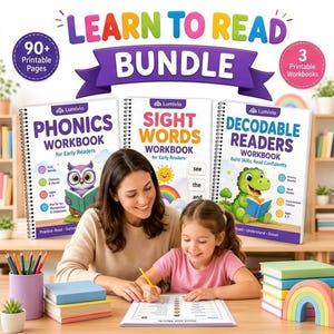 May include: A Learn to Read Bundle featuring three spiral-bound workbooks titled Phonics, Sight Words, and Decodable Readers. The set includes 90+ printable pages and 3 printable workbooks, displayed with colourful illustrations of an owl and a dinosaur.
