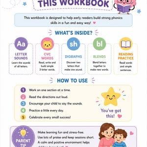 May include: A colorful educational workbook page titled HOW TO USE THIS WORKBOOK. It features sections on letter sounds, CVC words, digraphs, blends, and reading practice. Includes a numbered list of instructions, a parent tip, and illustrations of a brain character and a child with an adult.