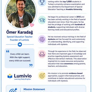 May include: An About the Author infographic featuring a portrait of &Ouml;mer Karadağ, a special education teacher and founder of Lumivio. The document details his professional background, mission statement, and commitment to supporting individuals with dyslexia.