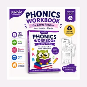 Könnte beinhalten: Ein Phonics-Arbeitsbuch für Leseanfänger von Lumivio mit einer grünen Eule, die auf einem Bücherstapel liest. Das Cover enthält den Text Phonics Workbook for Early Readers, Fun Activities to Build Strong Reading Skills und Dyslexia-Friendly Activities. Enthält 32 druckbare Seiten, CVC-Wörter, Digraphen, Blends und ist für Kinder im Alter von 4-7 Jahren geeignet.
