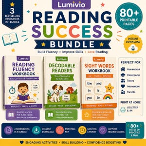 May include: A Reading Success Bundle featuring three workbooks: Reading Fluency Workbook, Decodable Readers, and Sight Words Workbook. The set includes 80+ printable pages with colorful illustrations of a child, a dog, a star, and a rainbow.