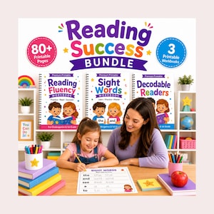 May include: A Reading Success Bundle educational set featuring three spiral-bound workbooks titled Reading Fluency, Sight Words, and Decodable Readers. The bundle includes 80+ printable pages, a worksheet with the text Sight Words, and colorful supplies.