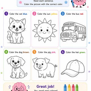 May include: A Lumivio phonics workbook page titled READ & COLOR featuring six black and white line art illustrations of a cat, sun, school bus, dog, pig, and hat. Each section includes instructions to color the object with a specific color.