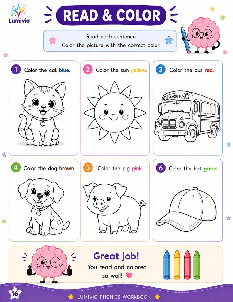 May include: A Lumivio phonics workbook page titled READ & COLOR featuring six black and white line art illustrations of a cat, sun, school bus, dog, pig, and hat. Each section includes instructions to color the object with a specific color.