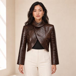 May include: A dark brown cropped jacket featuring a glossy crocodile-embossed texture, a high stand-up collar, and a structured wrap-style front closure. The jacket has long sleeves and a tailored fit, worn over a black top and cream trousers.