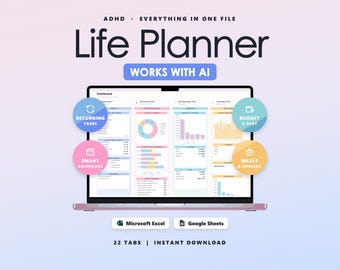 ADHD-levensplanner Google Sheets Excel Alles-in-één dashboard Budget Gewoonte Maaltijdtracker