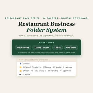 Könnte beinhalten: Ein digitaler Download für ein Restaurant-Geschäftsordnersystem mit 34 Ordnern. Der Text lautet: Restaurant Back Office, Restaurant Business Folder System, Your AI agent sorts the paperwork. This is its rulebook. Works with Claude Code, Claude Cowork, Codex, GPT Work und jedem Assistenten, der den offenen AGENTS.md-Standard liest.