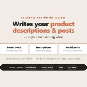 May include: A digital graphic featuring the text AI AGENTS FOR ONLINE SELLERS, Writes your product descriptions & posts, in your own writing voice. Three white boxes labeled Brand voice, Descriptions, and Social posts. A black bar lists Claude Code, Claude Cowork, Codex, and GPT Work.