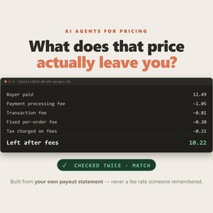 May include: A digital graphic titled AI AGENTS FOR PRICING with the text What does that price actually leave you? It displays a black terminal window listing financial deductions including payment processing, transaction, and fixed fees, totaling 10.22.