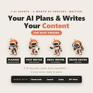 May include: A digital graphic featuring four orange and white robot characters labeled Planner, Post Writer, Email Writer, and Brand Editor. The text reads: 4 AI Agents - A Month of Content, Written. Your AI Plans & Writes Your Content For Shop Owners.