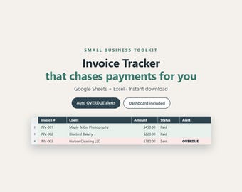 Factuurtracker spreadsheet, Google Sheets Excel-sjabloon, betalingstracker voor kleine bedrijven, boekhouding, direct te downloaden