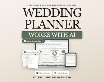 Spreadsheet voor het plannen van een bruiloft, budgettracker voor de bruiloft, gastenlijst met zitplaatsen, tijdschema-checklist, Google Sheets