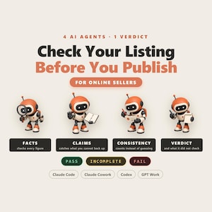 May include: An infographic titled Check Your Listing Before You Publish for online sellers. It features four orange and white robots performing tasks labeled Facts, Claims, Consistency, and Verdict, with status buttons for Pass, Incomplete, and Fail.