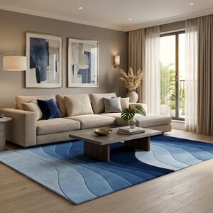 May include: A rectangular area rug featuring a gradient of blue tones arranged in flowing, curved wave patterns. The rug transitions from light sky blue to deep navy blue, covering the floor beneath a beige sectional sofa and a wooden coffee table.