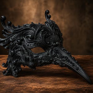 Le Vol d'Ébène — Masque de bal masqué d'oiseau, masque baroque à bec, peint à la main