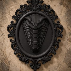 Può includere: Una placca da parete nero opaco con un rilievo tridimensionale di una testa di cobra centrato all'interno di una cornice ovale decorata. La cornice presenta intricati motivi a volute e intagli a forma di foglia, mentre la testa del cobra mostra squame dettagliate.