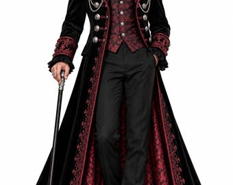 May include: A long black velvet coat with deep red floral brocade trim, silver buttons, and decorative chains. It is worn over a matching red brocade vest, a black shirt with a red gemstone bolo tie, black trousers, and black leather boots.
