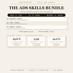 May include: A digital information graphic titled The Ads Skills Bundle for Claude AI. It lists three coaches: Ad Budget, Ad Test, and Ad Waste. It includes data points like 25.6% to break even, 5.39 survives a sale, and 14.0% after one lever. Text includes Sold apart: 23.97 and The bundle: 16.99.